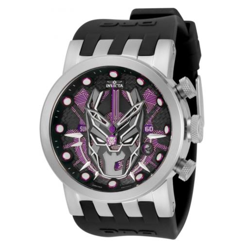 Invicta Marvel Black Panther Men`s 46mm Limited Ed Swiss Chronograph Watch 34682 - Gray Dial, Black Band, Silver Bezel