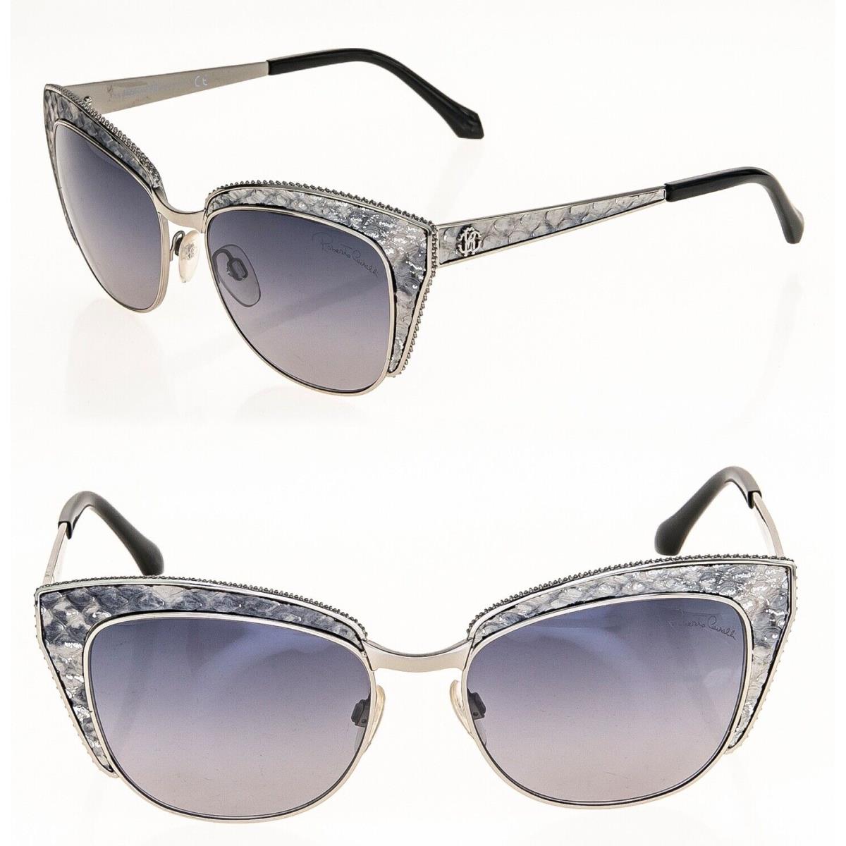 Roberto Cavalli Sualocin Cat Eye 978S Silver Grey Snake Leather Metal Sunglasses