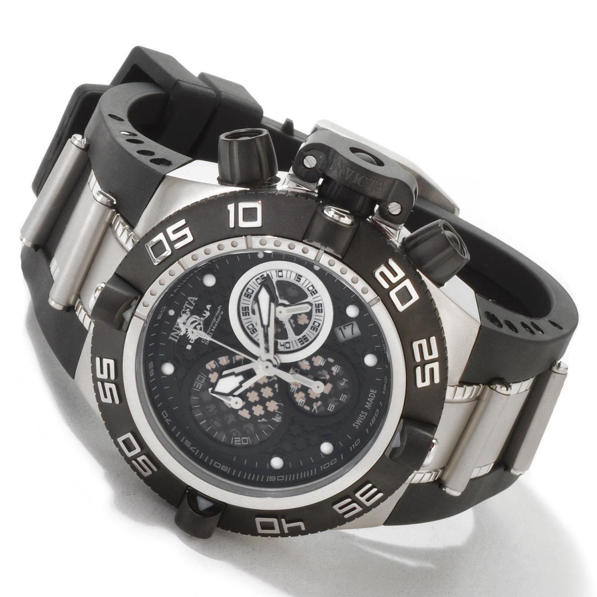 Swiss Made Invicta 0519 Subaqua Noma IV Chronograph Watch with 3-Slot Dive Case - Dial: Black, Band: Black, Silver