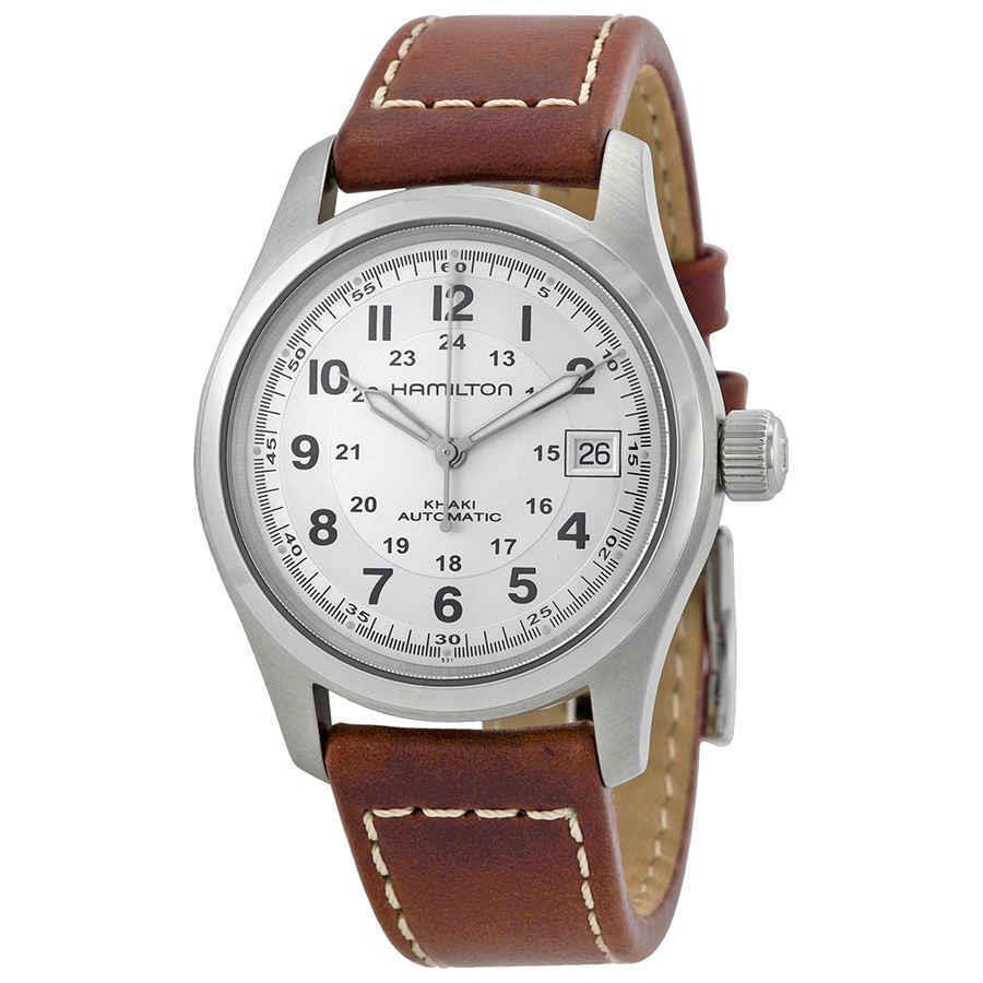 Hamilton Khaki Field Automatic Silver Dial Men`s Watch H70455553 - Dial: Silver, Band: Brown, Bezel: Silver