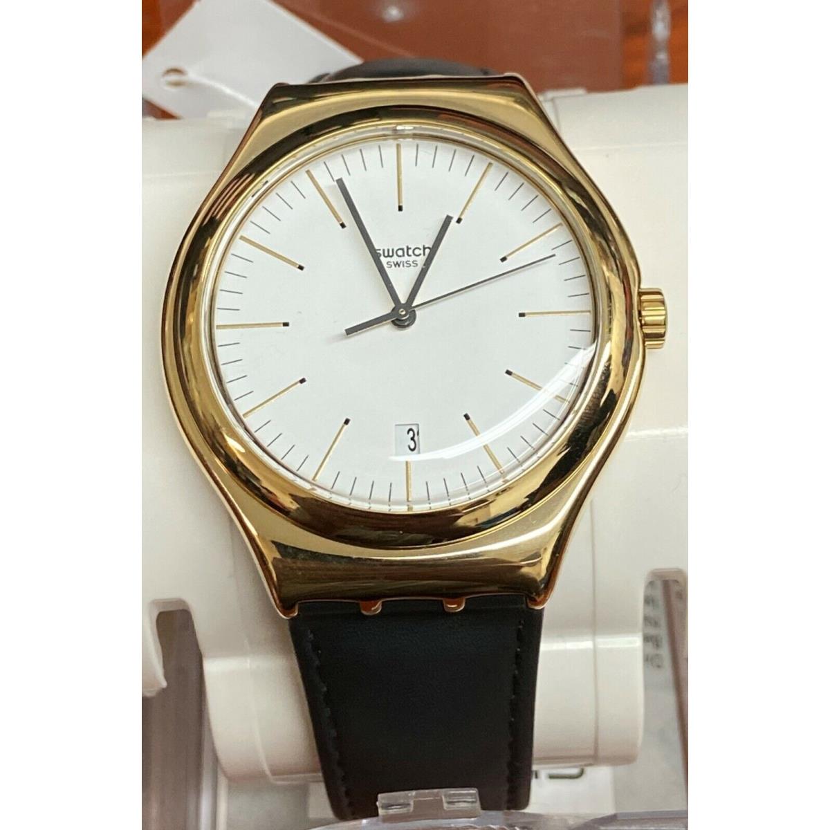 Swatch YWG404 Edgy Time White Dial Black Leather Strap Women`s Watch