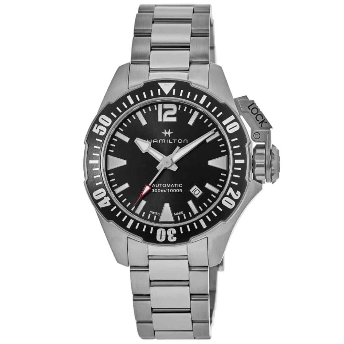 Hamilton Men`s H77605135 Khaki Navy 42mm Automatic Watch - Dial: Black, Band: Silver Tone, Other Dial: Black