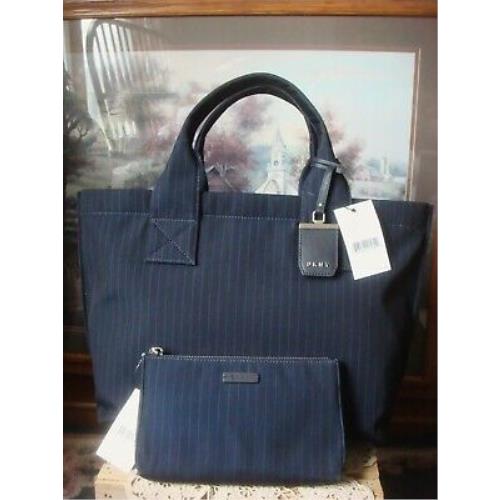 Dkny Navy Blue Pinstripe Nylon Canvas Large Tote Bag Pouch