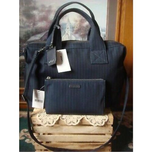 Dkny Navy Blue Pinstripe Nylon Canvas Weekend Tote Bag Pouch