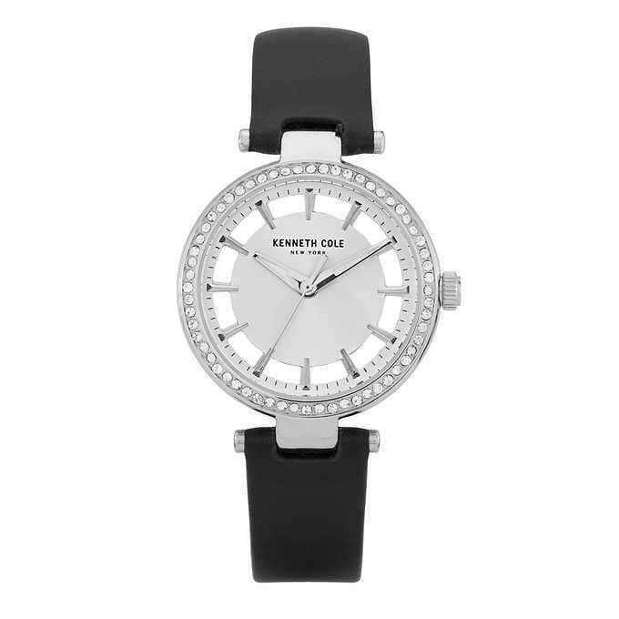 Kenneth Cole KC51150001 Crystal Accented Silver Dial Leather Band Women`s Watch - Dial: Silver, Band: Black