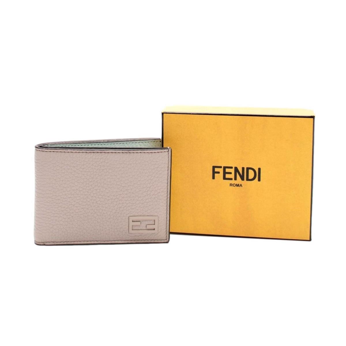 Fendi FF Logo Plaque Light Gray Pebbled Calf Leather Bifold Wallet 7M0303
