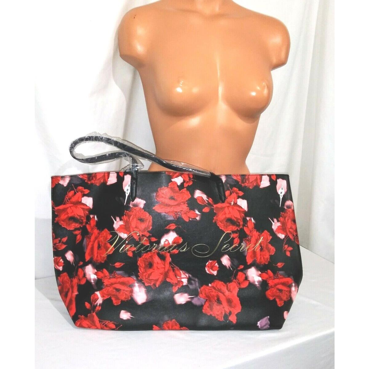 Victorias Secret Tote Bag Black Red Roses Large - Victoria's Secret Bag
