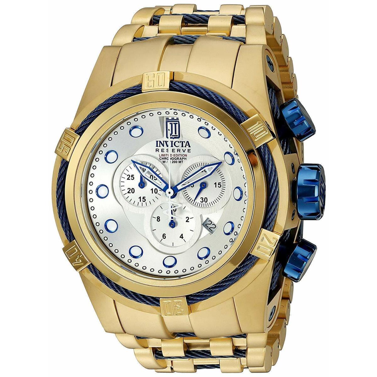 14426 Invicta Reserve Mens 51mm JT Bolt Zeus Ltd Ed Quartz Chrono Bracelet Watch - Silver Dial, Gold, Dark Blue Band
