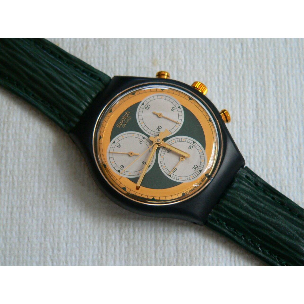 1992 Swiss Swatch Watch Chronograph Rollerball SCB107 Green Leather Band