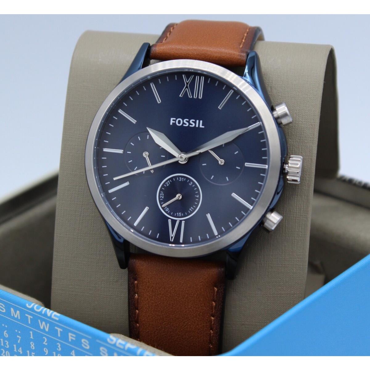 Fossil Fenmore Chrono Silver Blue Brown Leather BQ2402 Men`s Watch