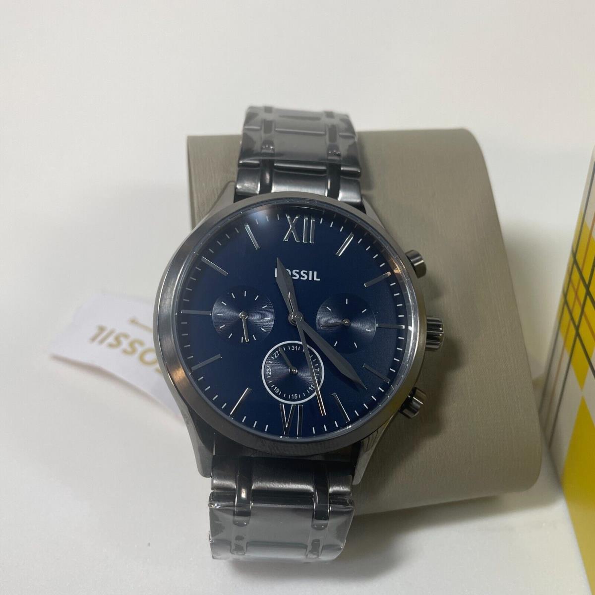 Fossil Fenmore Mens Gray Multifunction Watch Blue Dial Date Stainless Steel Band