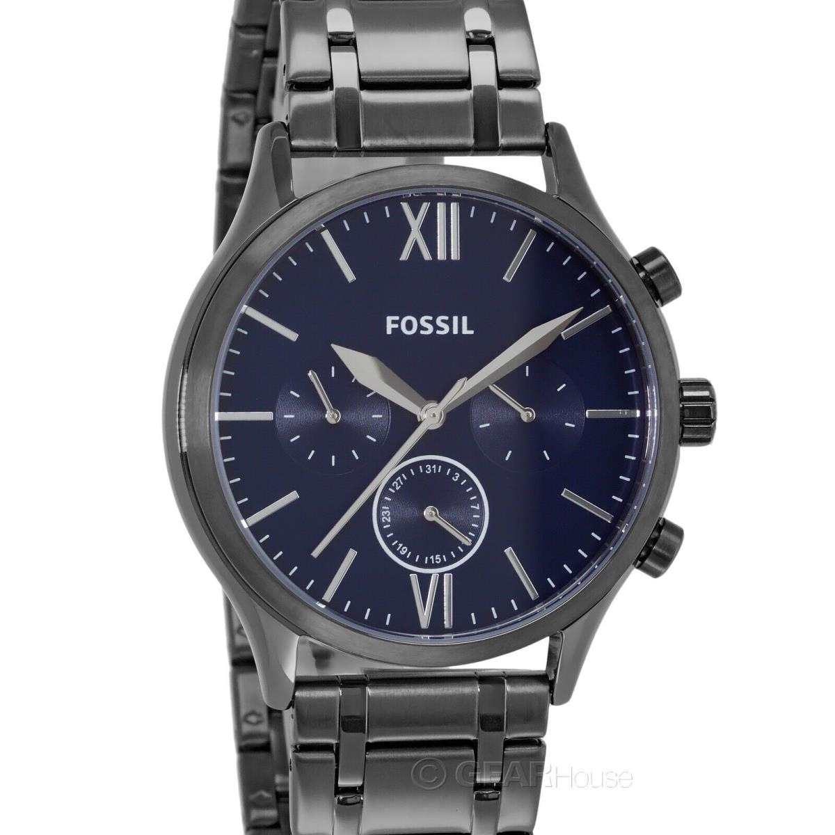 Fossil Fenmore Mens Gray Multifunction Watch Blue Dial Date Stainless Steel Band