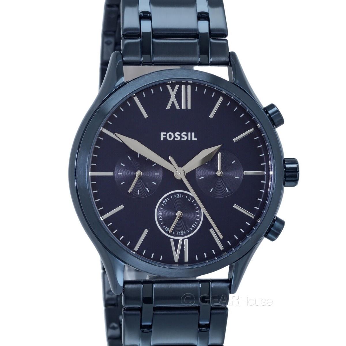 Fossil Fenmore Mens Navy Blue Multifunction Watch Day Date Stainless Steel Band