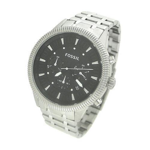 New-fossil Silver Tone S/steel+black Dial+chrono+notch Cut Bezel Watch FS4589