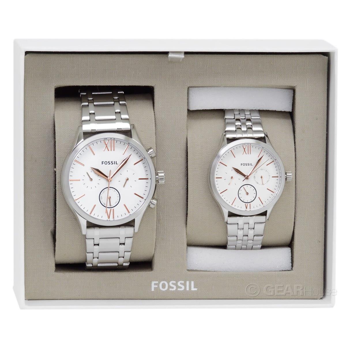 Fossil Fenmore Mens Womens Watch Gift Set Stainless Steel Band White Dial