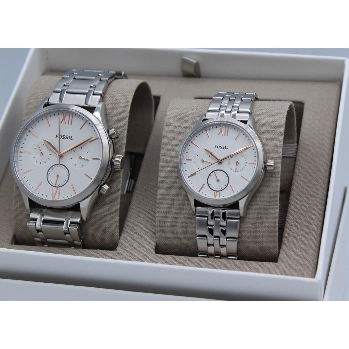 Fossil Fenmore Chronograph His Her Silver Women`s BQ2468 Set Watch