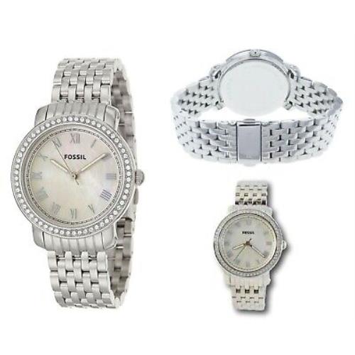 Fossil Emma Silver Tone White Mop Dial Crystals Pave Bracelet Watch ES3112