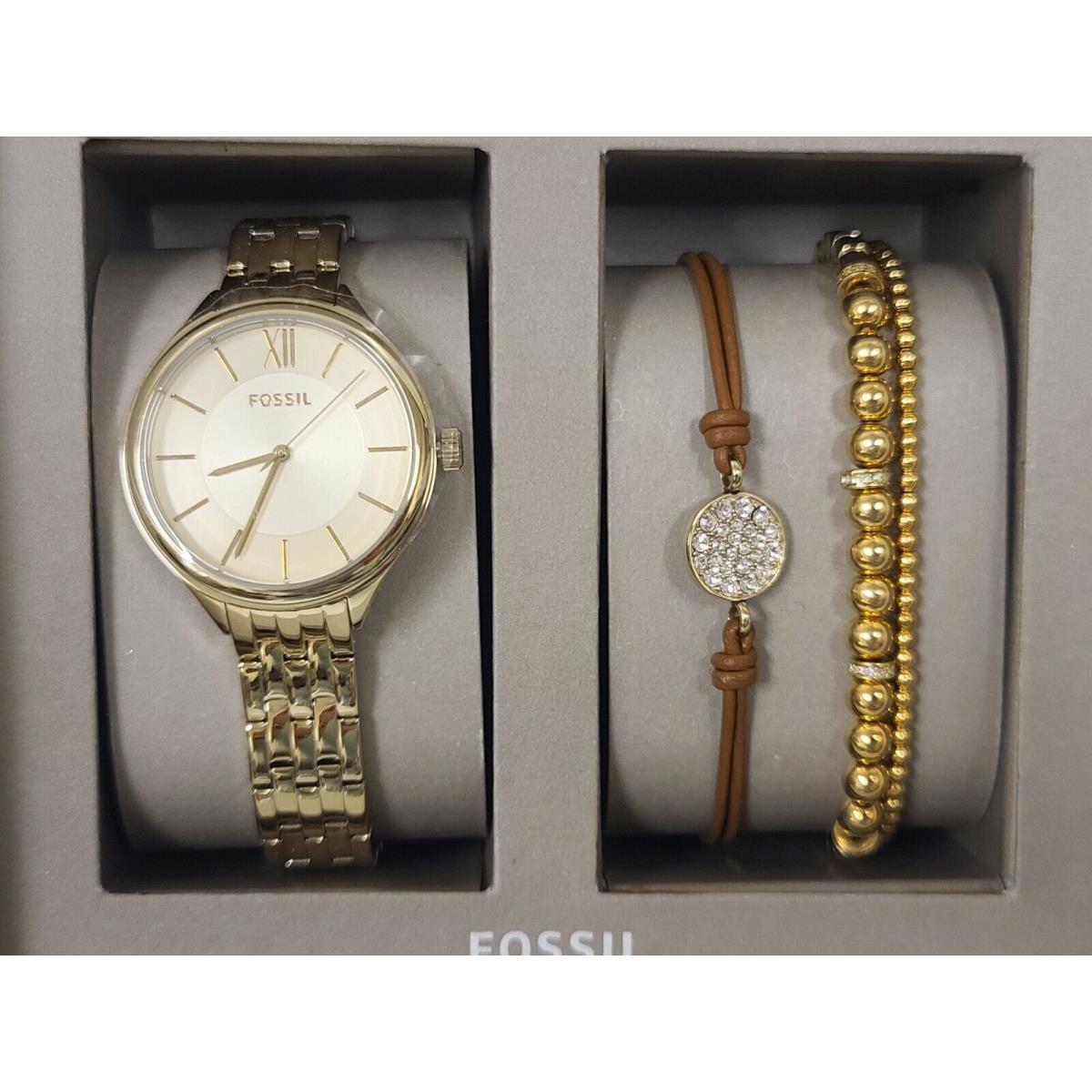 Fossil 3 PC Set Gold Tone WATCH+2 Bracelets Brown Cord Beaded Pave BQ3153SET