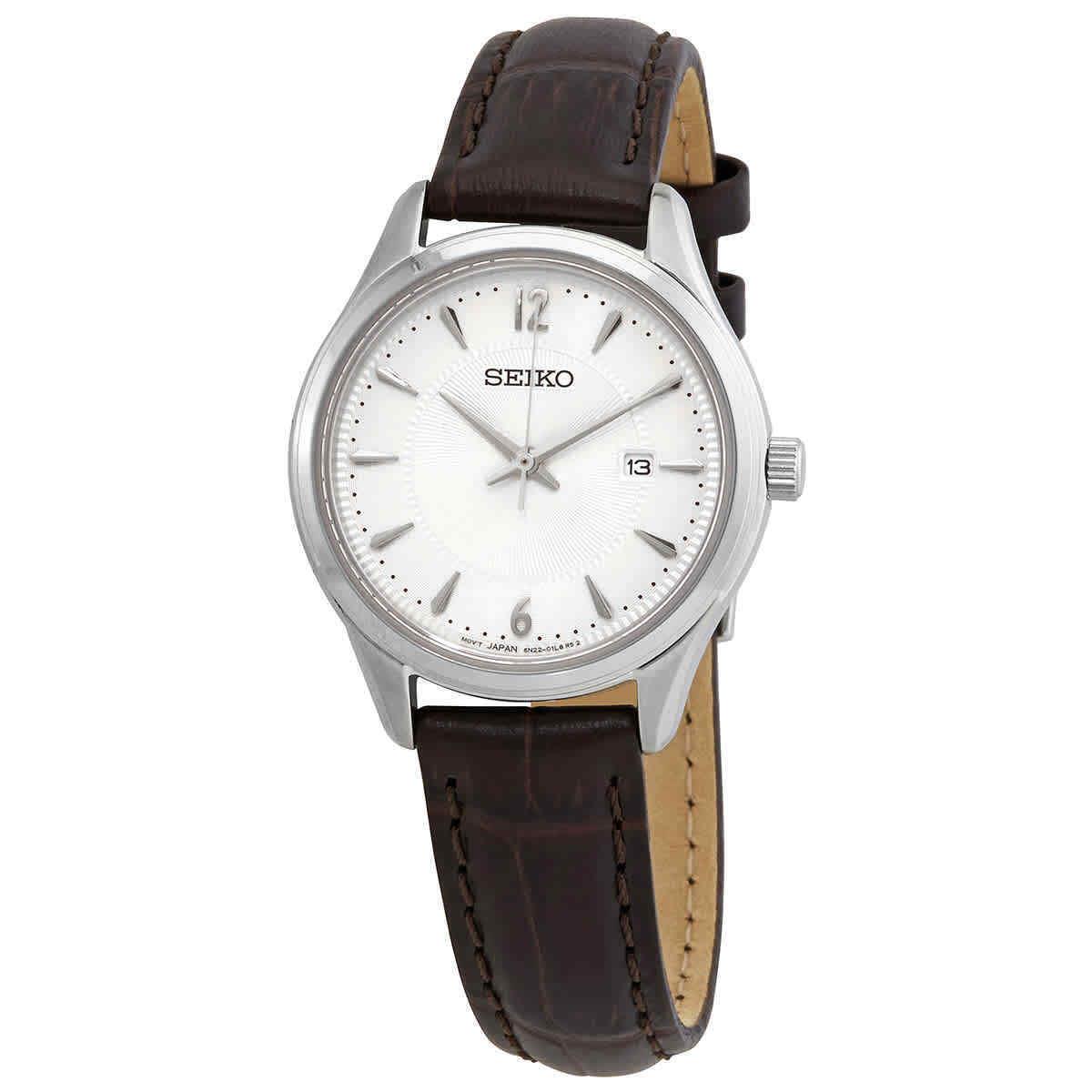 Seiko Essentials Noble Quartz Silver Dial Ladies Watch SUR427 - Dial: Silver, Band: Brown, Bezel: Silver