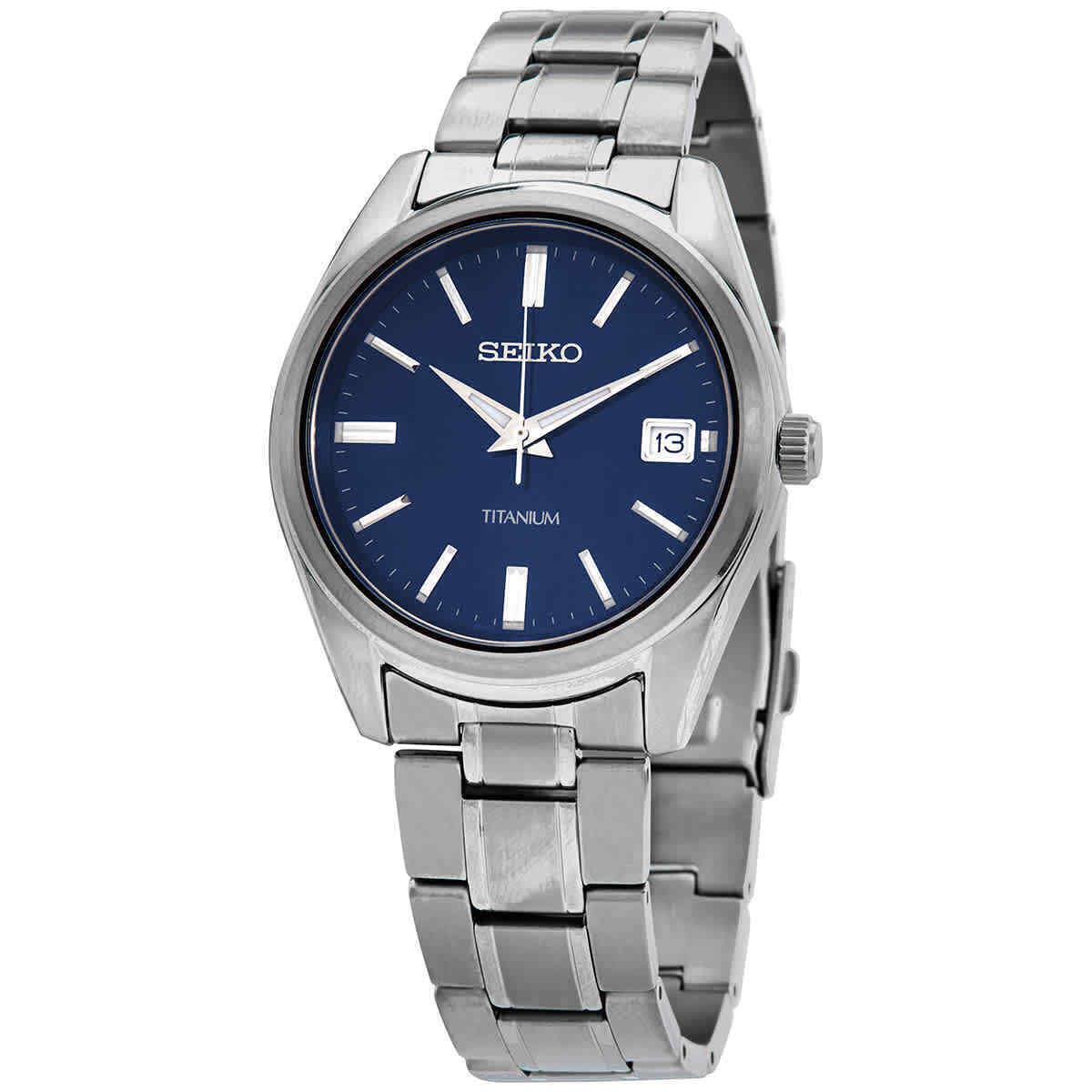 Seiko Classic Quartz Blue Dial Grey Titanium Men`s Watch SUR373