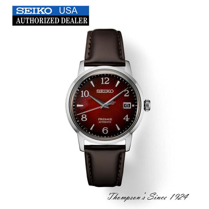 Seiko Men`s Presage Automatic Red Dial Leather Strap Watch SRPE41
