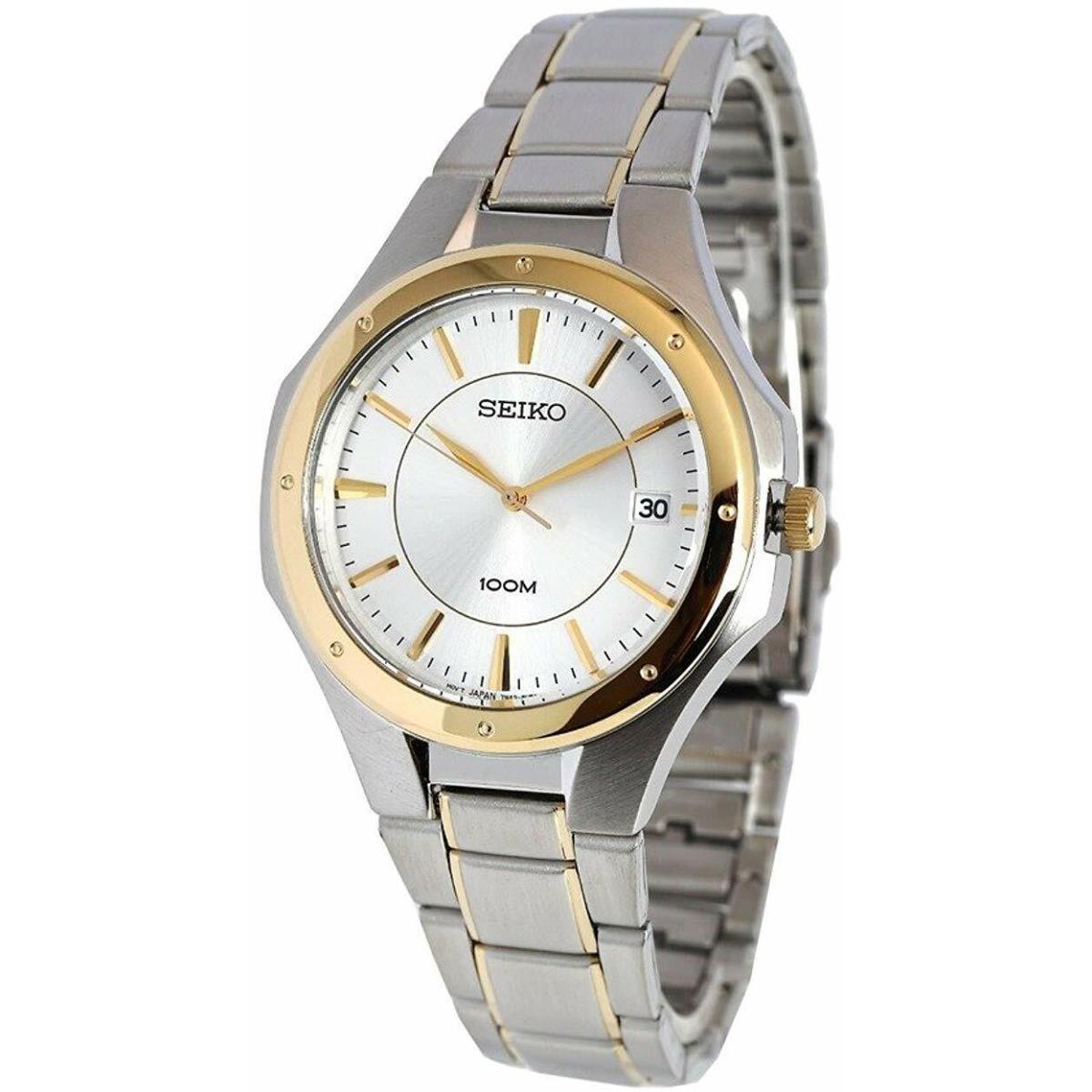 Seiko SGEF62 Date Silver Dial Stainless Steel Gold Silver Tone Band Mens Watch