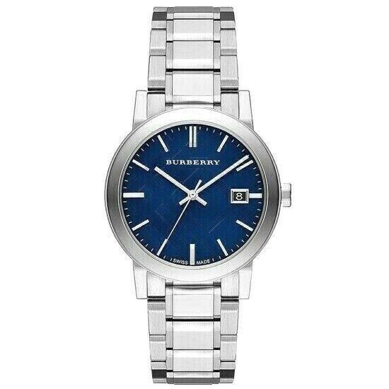 Burberry BU9031 Blue Check Dial Stainless Steel 38 mm Unisex Watch - Dial: Dark Blue, Band: Silver, Bezel: Silver