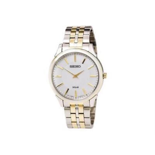 Seiko Men`s Solar Classic Gold Silver Stainless Steel White Dial Watch SUP864 - Dial: White, Band: Gold