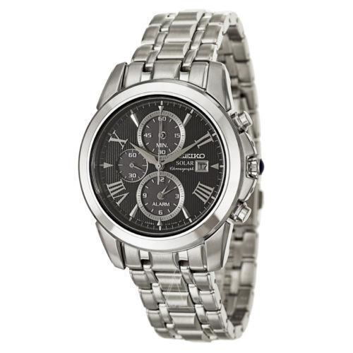 Seiko SSC193 Men`s Solar Chronograph Dress Black Dial Stainless Steel Date Watch - Black Dial, Silver Band