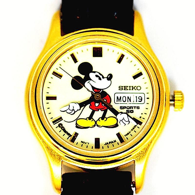 Mickey Seiko Ladies Day Date Glow In Dark Dial Arms Point Time Gold Watch