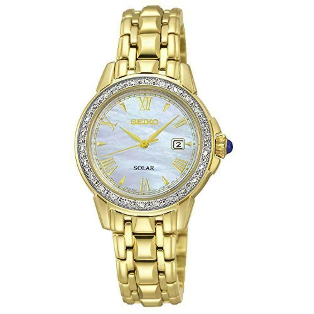 Seiko Women`s White Mother-of-pearl Dial Gold Steel Watch SUT172 ...