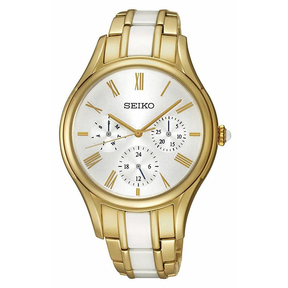 Seiko Gold Pvd Steel White Ceramic Silver Dial Quartz Womens Watch SKY718P1