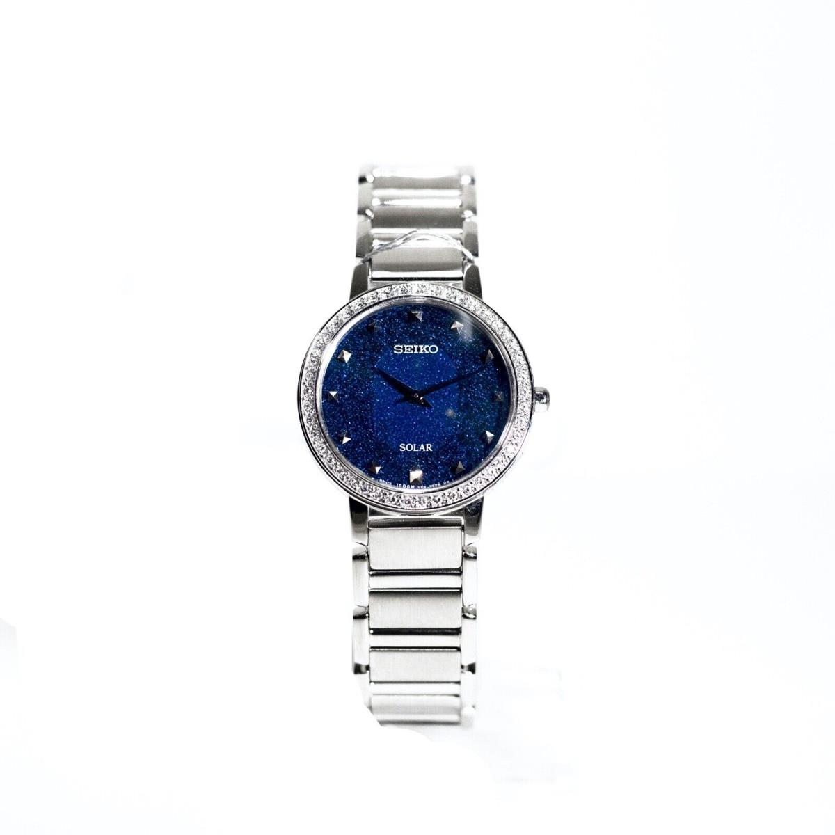 Ladies SUP433 Blue-crystal-face Solar Crystal-bezel Seiko - Blue Dial, Silver Band