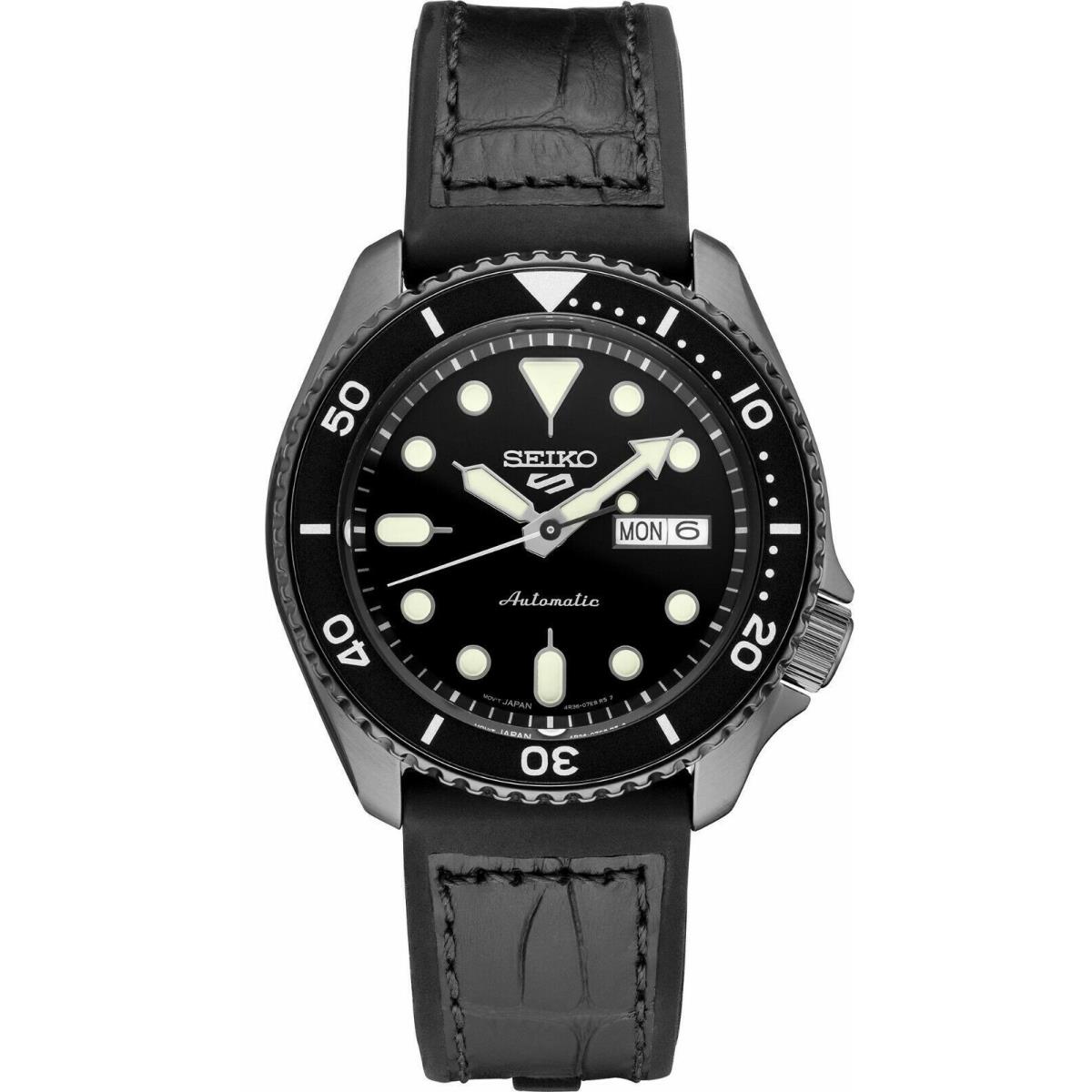 Seiko Men`s 5 Automatic Black Dial Leather Strap Men`s Watch SRPE25