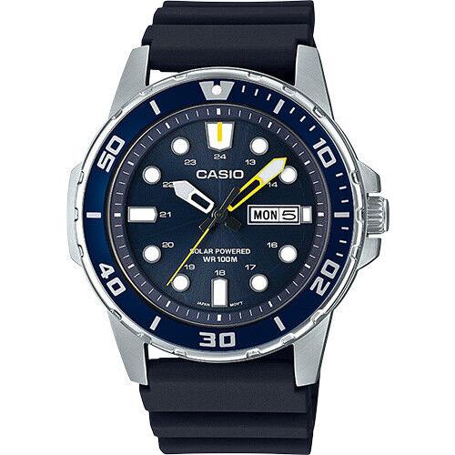 Casio Men`s Solar Day Date Black Resin Strap 46mm Watch MTPS110-2AV - Dial: Blue, Band: Black, Bezel: Blue