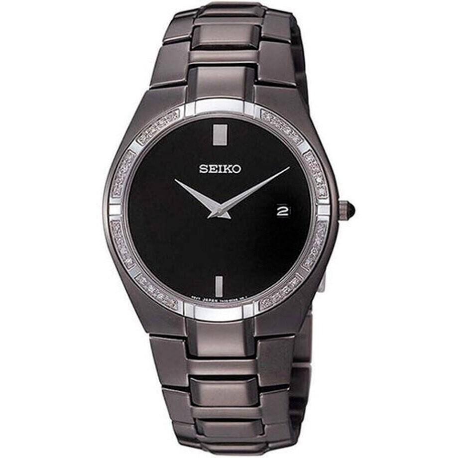 Seiko Black Dial Stainless Steel Men`s Watch Diamond Bezel SKP339