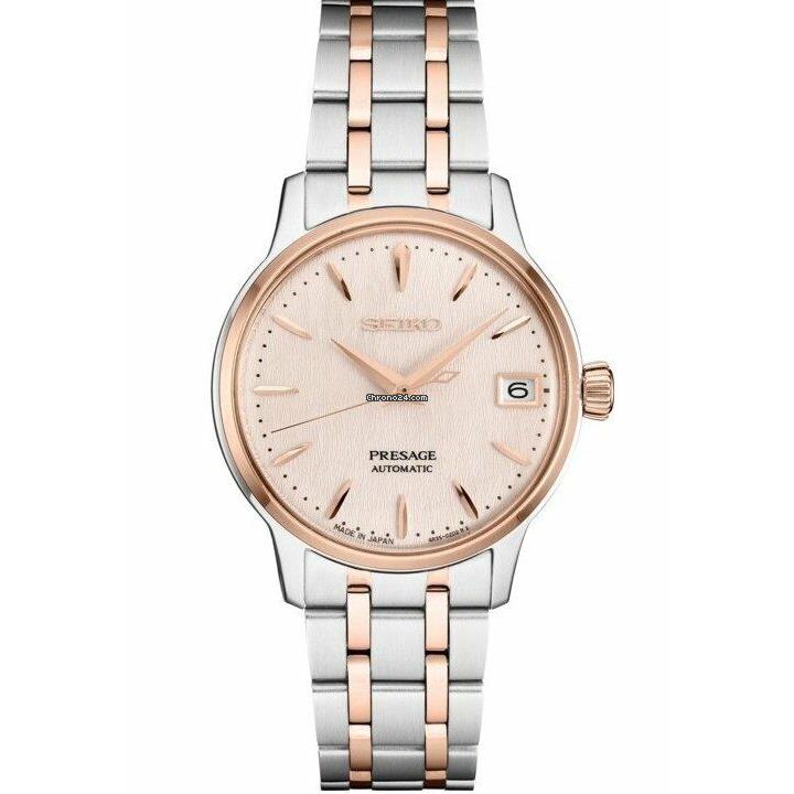 Seiko Presage Cocktail Time Case Rose Gold Dial Steel Band Watch SRPF54 - Gold