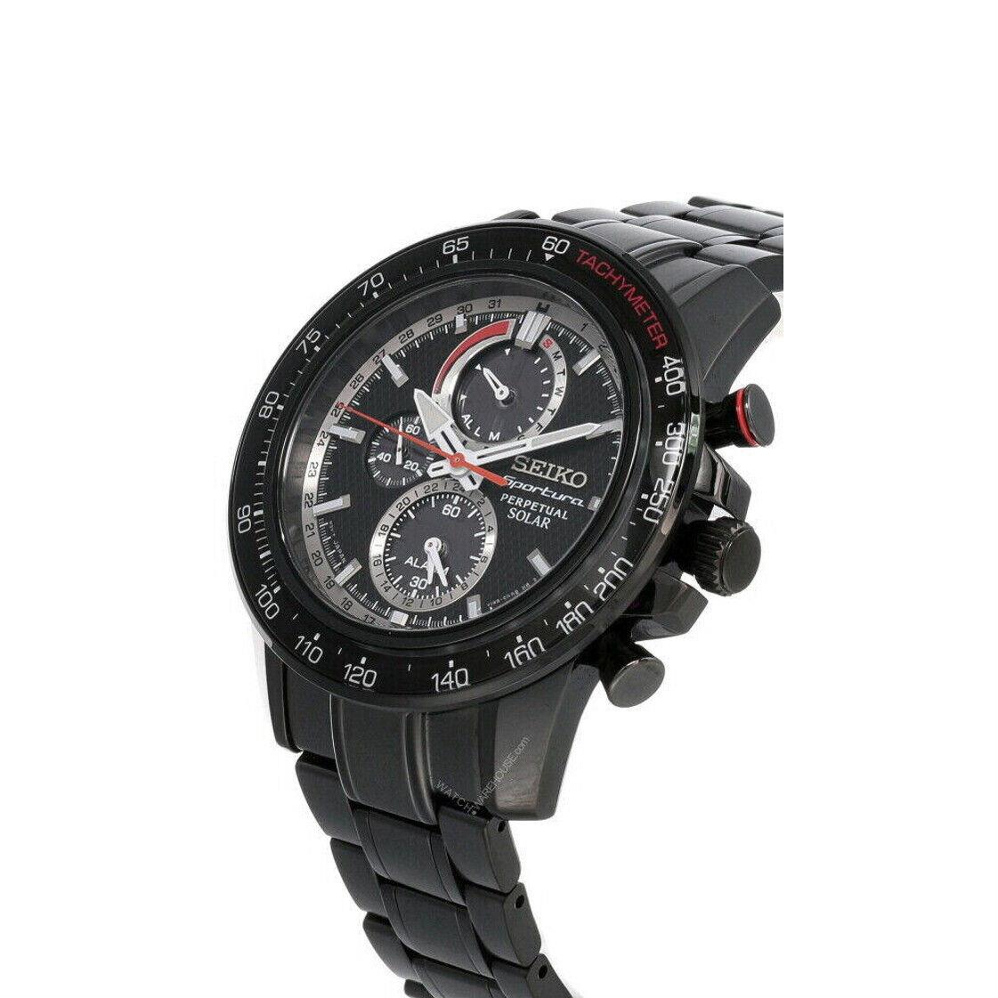 Seiko Sportura Solar 45MM Black Dial Chrono SS Bracelet Men`s Watch SSC373