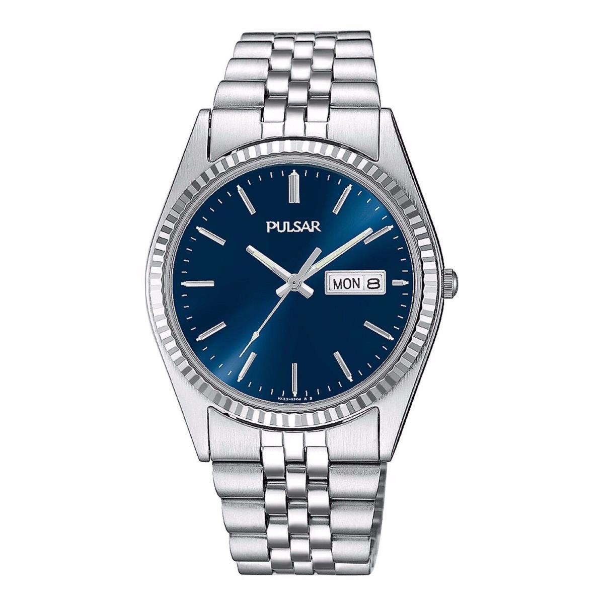 Pulsar PXF303 Men`s Dress Silver Stainless Steel Blue Dial Day Date Quartz Watch