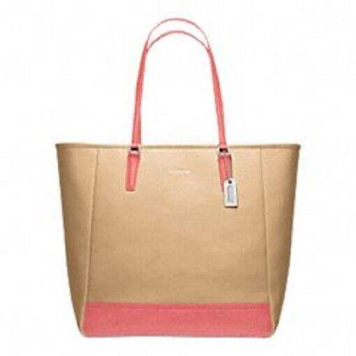 Coach Saffiano Leather Colorblock NS Zip Top Tote Bag Purse in Camel/coral 23891