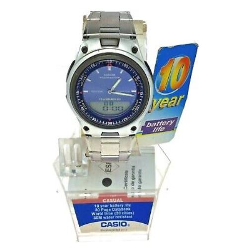 Casio AW80D 2A Blue Men`s Ana-digi Watch World Time S Steel Band 50 M Water R - Blue Dial, Silver Band