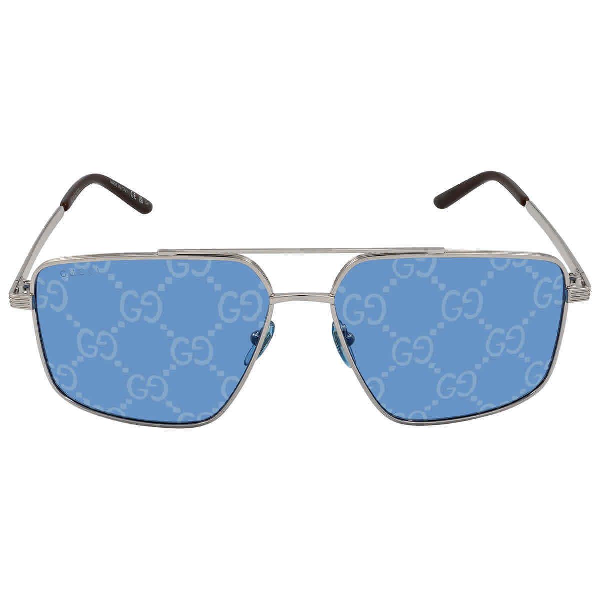 Gucci Blue Logo Navigator Men`s Sunglasses GG0941S 004 60 GG0941S 004 60 - Frame: Silver, Lens: Blue