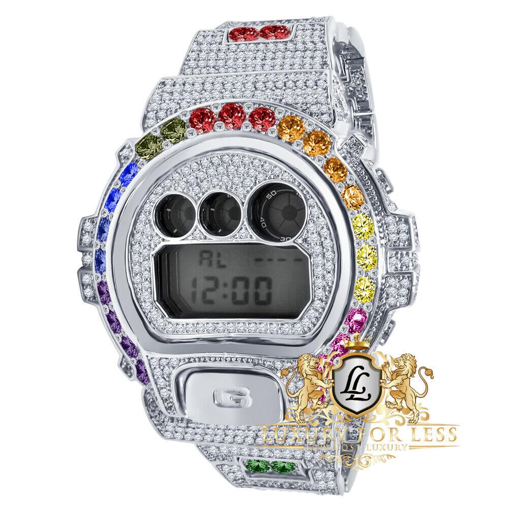 Mens Solitaire Rainbow Multi White Gold Finish Casio G-shock DW6900 Custom Watch