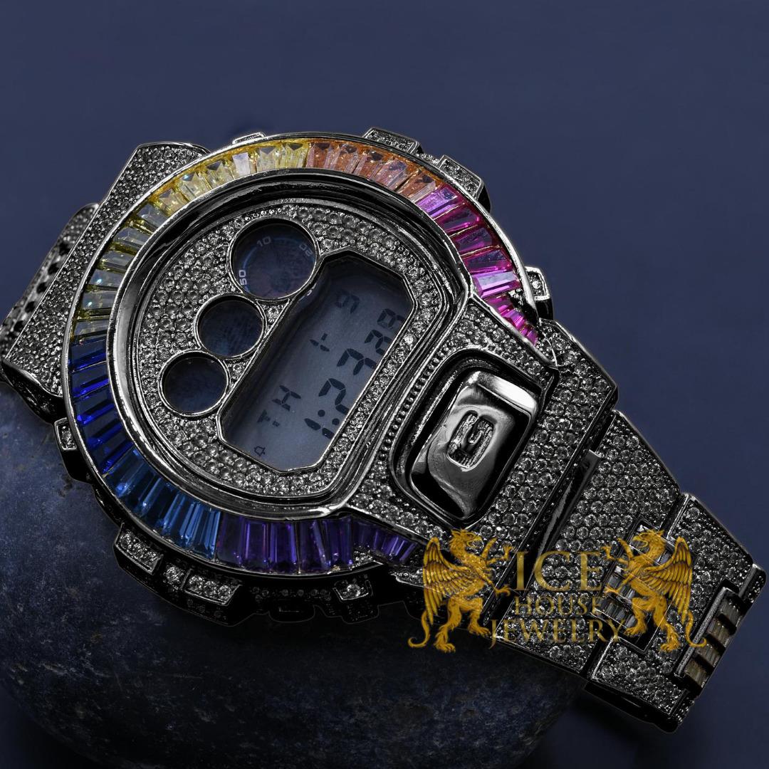 Icy Rainbow Baguette On Black Gold Finish Casio G-shock DW-6900 Watch