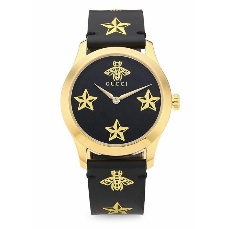 Gucci G-timeless Black Leather Star Bees Dial Women`s Watch RT