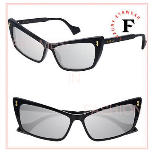 Gucci 0626 Black Silver Mirrored Slim Cat Eye Fashion Sunglasses GG0626S Unisex