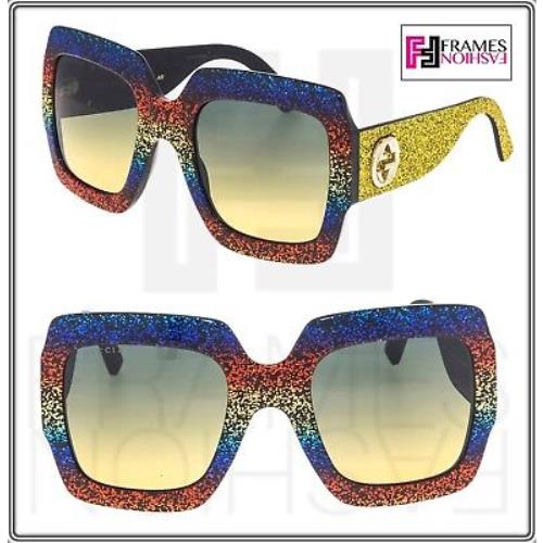 Gucci Glitter 0102 Oversized Rainbow Yellow Black Rubber Sunglasses GG0102S - 005 , Yellow Frame, Yellow Lens