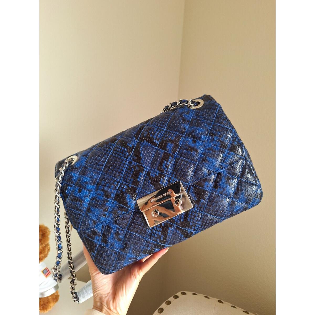 Michael Kors Sloan Large Embossed Leather Shoulder Bag Blue 30H5SSLL3N - Exterior: Blue