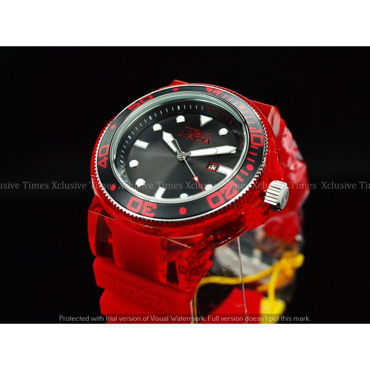 Invicta Men`s 52mm Grand Pro Diver Anatomic Red Clear Case Strap SS Watch - Dial: Black, Band: Red, Bezel: Red