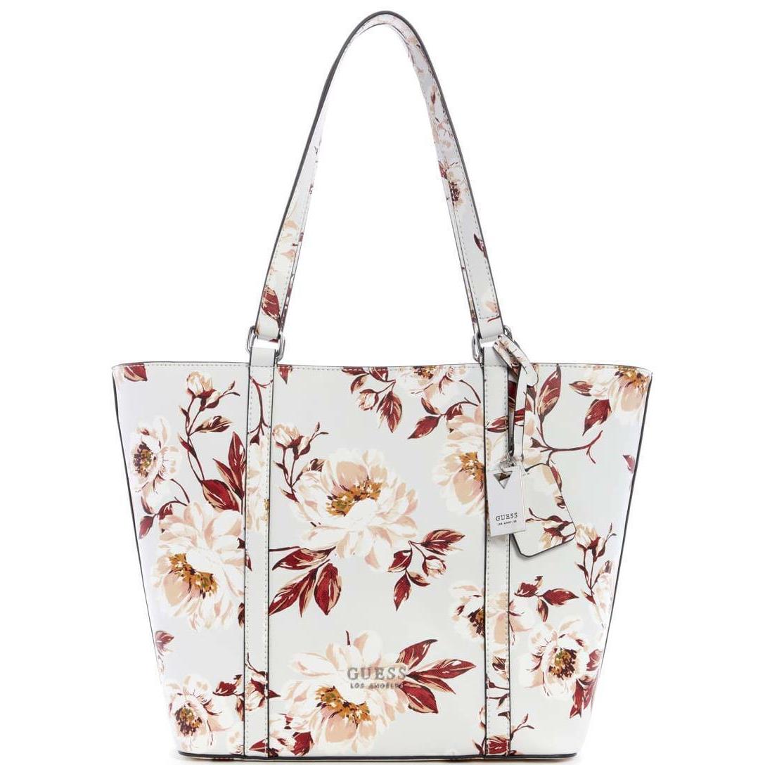 Guess Women`s Light Gray Red Floral Print Large Tote Bag Handbag Purse